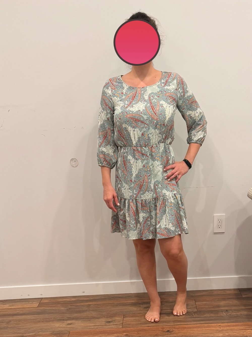 Jane and Bleecker Light Blue Paisley Tiered Mini Dress with Red Accents